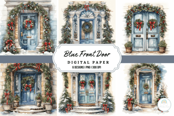 Watercolor Christmas Blue Front Door: A Festive Design Asset